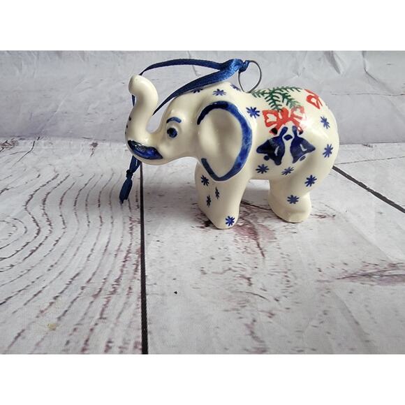 Polished Pottery hand painted Elephant Blue stars a pine tree design Ornament - Picture 4 of 8